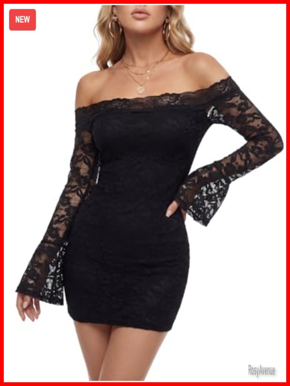 Floral Lace Off Shoulder Bell Long Sleeve Bodycon Mini Dress Club Night Out - Picture 2 of 7